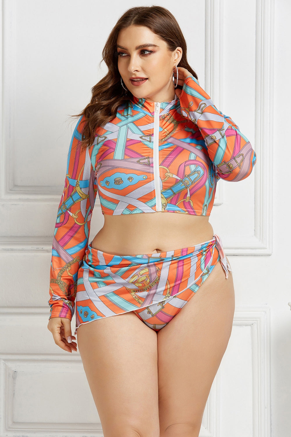 Printed Split Long Sleeve 3-Piece-Swimsuit Areous