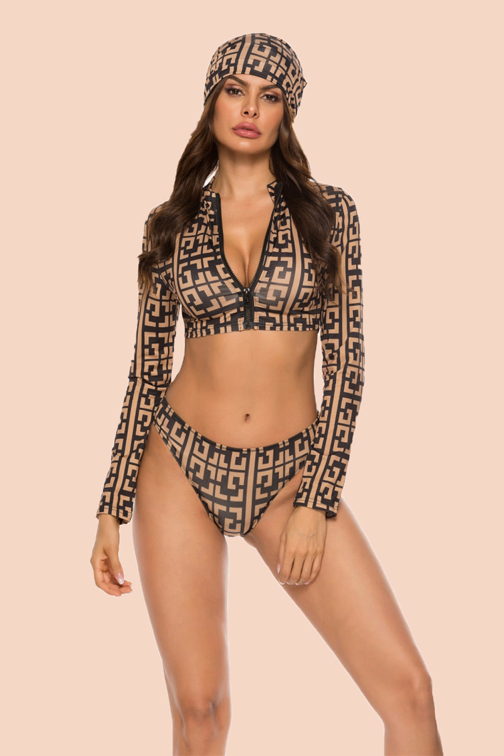 Printed Split Long Sleeve 3-Piece-Swimsuit Areous