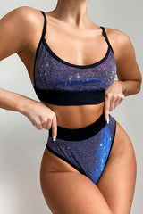 Purple Black Shimmery High Waist Two Piece Swimsuit Areous
