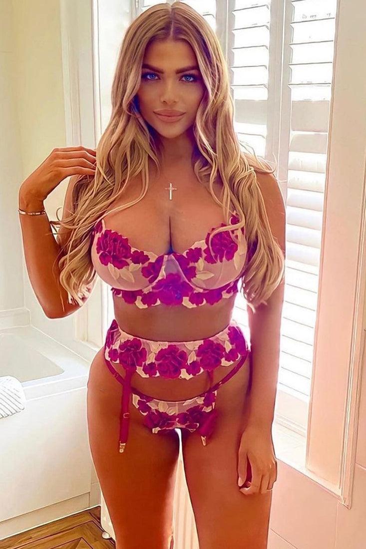 Purple Floral Embroidered Mesh Underwire Lingerie 3 Pc Set Areous