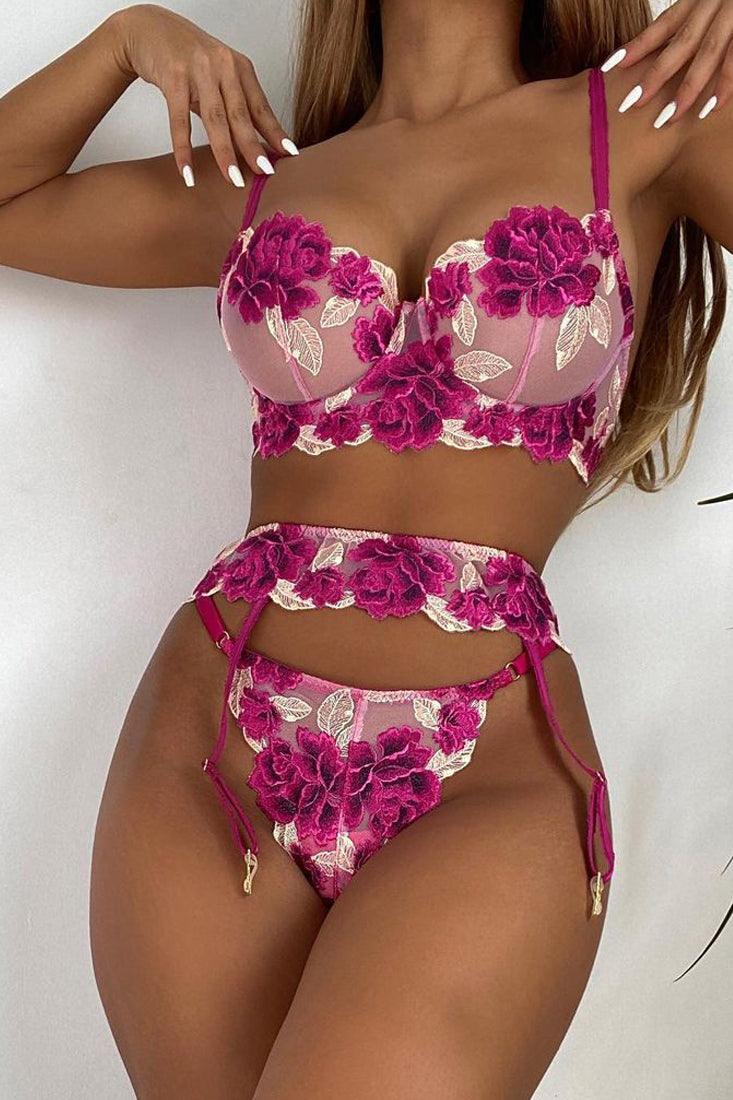 Purple Floral Embroidered Mesh Underwire Lingerie 3 Pc Set Areous