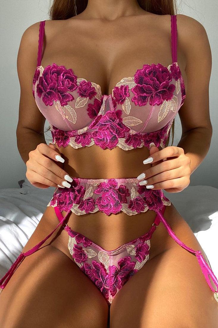 Purple Floral Embroidered Mesh Underwire Lingerie 3 Pc Set Areous