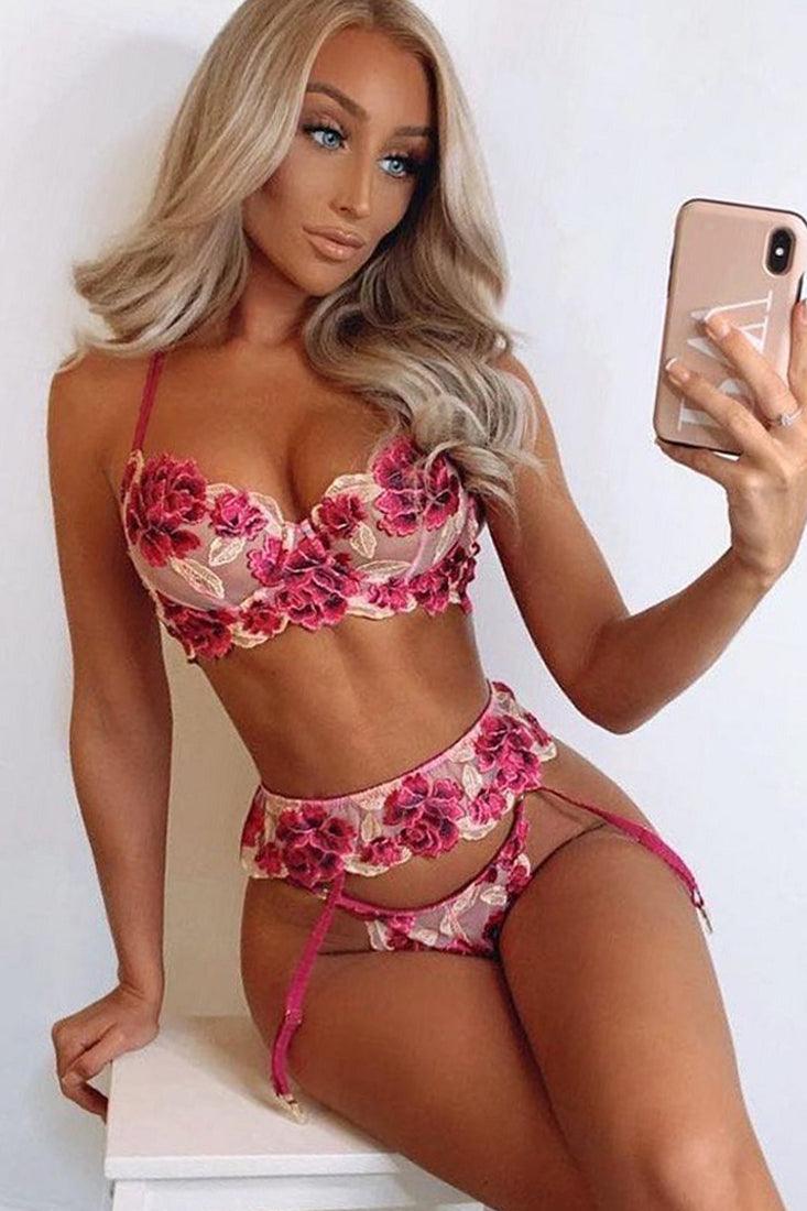 Purple Floral Embroidered Mesh Underwire Lingerie 3 Pc Set Areous