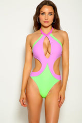 Purple Lime Halter One Piece Monokini Areous
