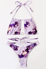 Purple Marble Design Square Halter Top Criss-Cross 2 Pc Bikini Set Areous