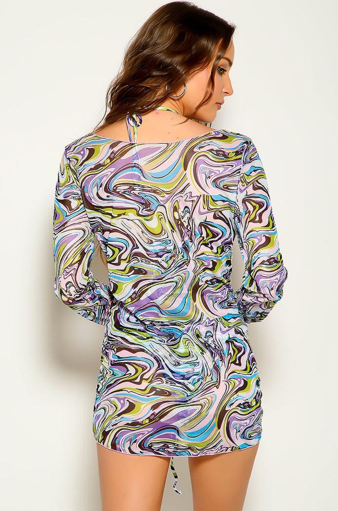 Purple Multi Printed Three Piece Swimsuit Areous