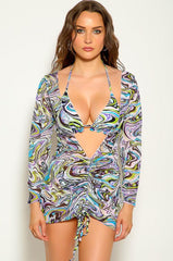 Purple Multi Printed Three Piece Swimsuit Areous