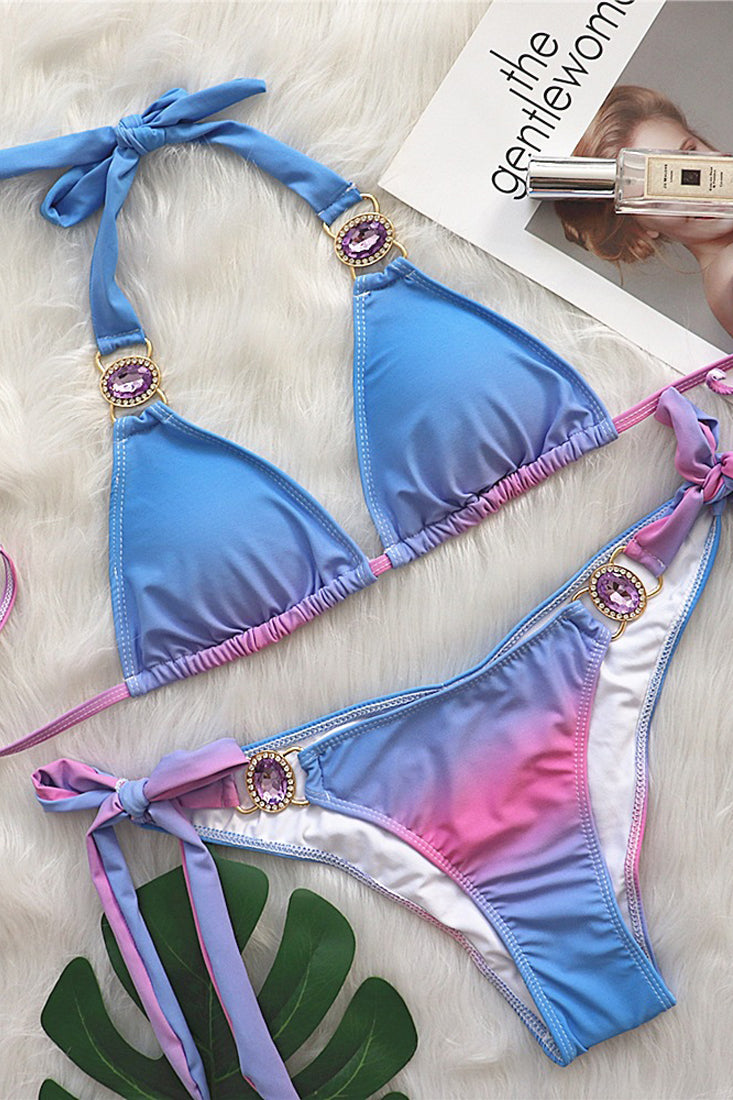 Purple Rhinestone Gem Strappy Halter 2 Pc Swimsuit Areous