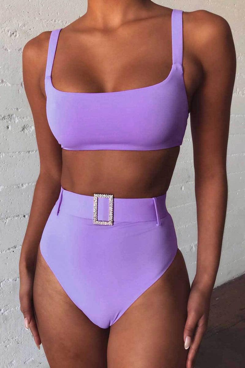 Purple Sleeveless High Waist Rhinestone Detail Two Piece Swimsuit Areous