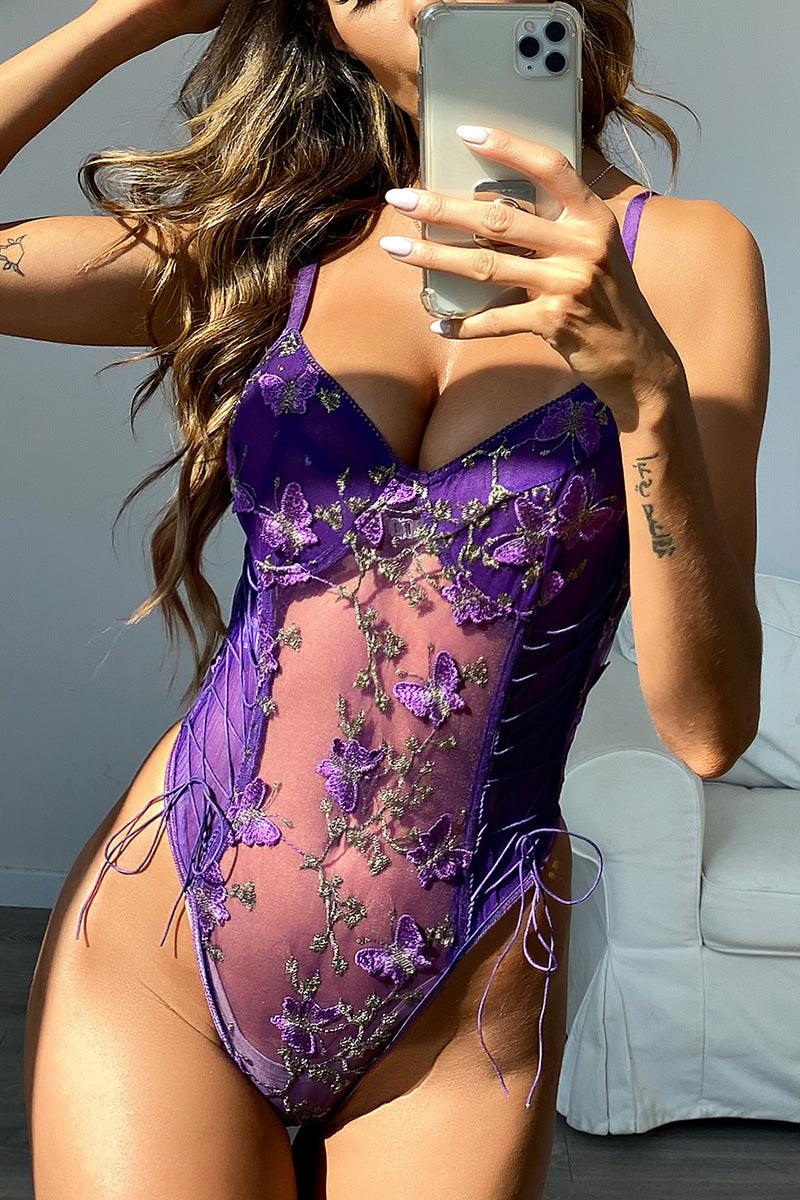Purple Sleeveless Mesh Butterfly Embroidered Lace Up Detail Teddy Areous