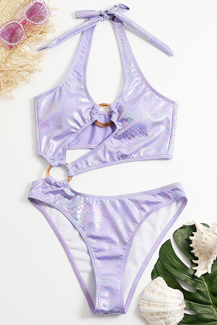 Purple Snake Print Metallic O-Ring Monokini Areous