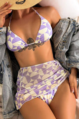 Purple White Geometric Print Three Piece Swimsuit Areous