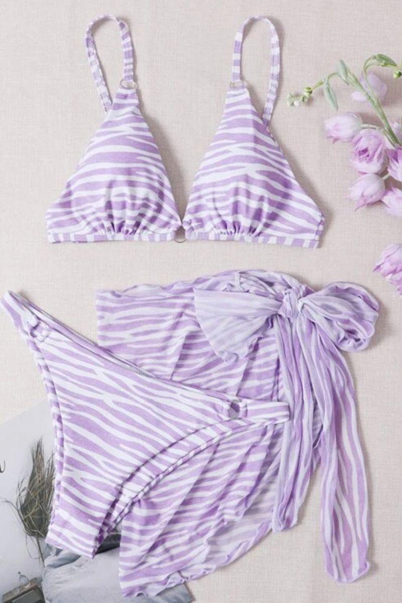 Purple Zebra Print O-Ring Three Piece Swimsuit Areous
