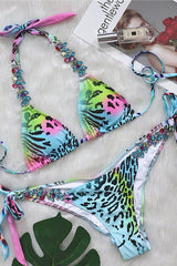 Rainbow Leopard Rhinestone Halter Triangle 2 Pc Bikini Set Areous