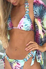 Rainbow Leopard Rhinestone Halter Triangle 2 Pc Bikini Set Areous