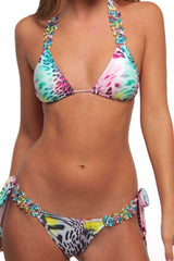 Rainbow Leopard Rhinestone Halter Triangle 2 Pc Bikini Set Areous