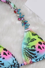 Rainbow Leopard Rhinestone Halter Triangle 2 Pc Bikini Set Areous