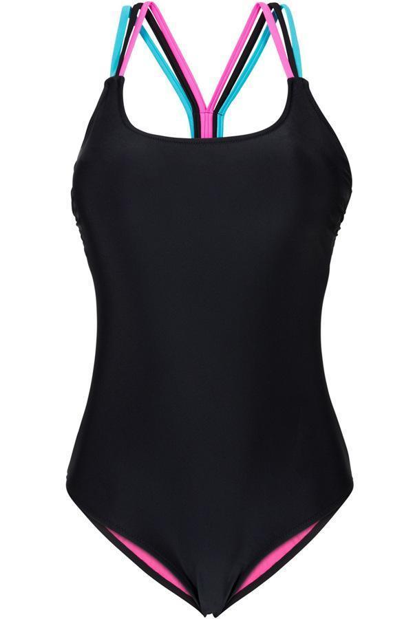 Rainbow Straps Black One Piece Swimsuit Areous