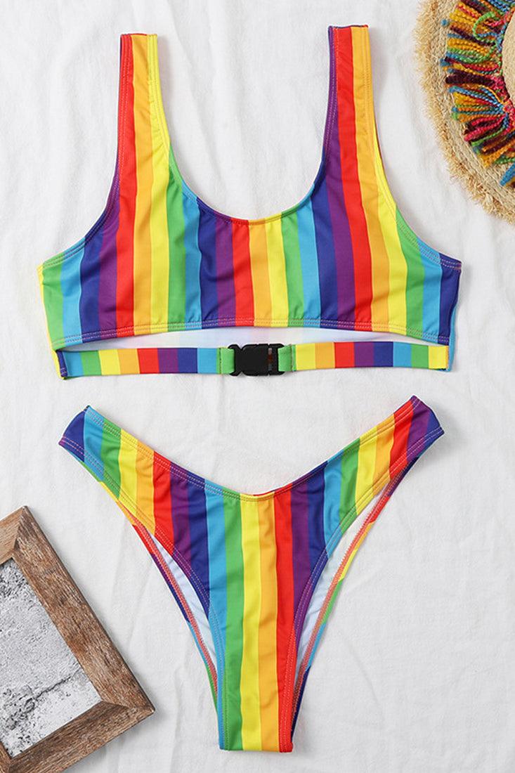 Rainbow Striped Cut Out Two Piece Swimsuit Areous