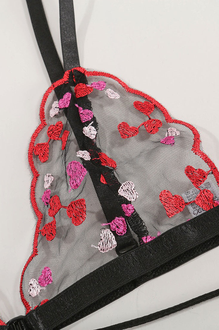 Red Black Heart Embroidery Sheer Strappy 2 Pc Lingerie Set Areous