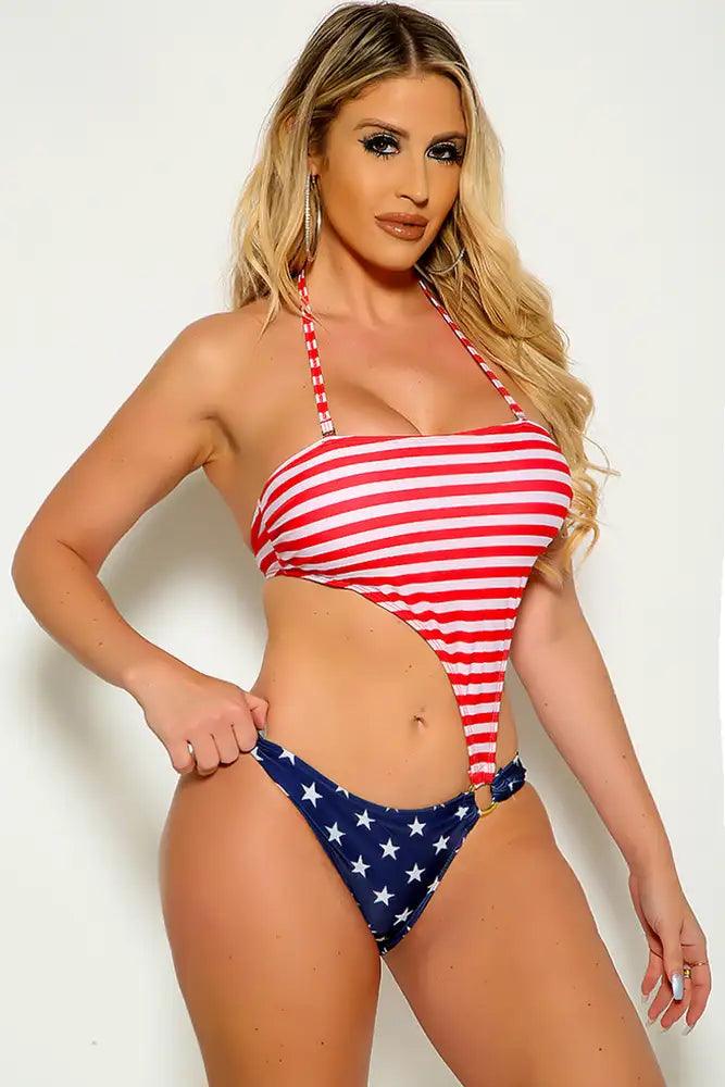 Red Blue Flag Print Cut Out O-ring Strapless Monokini Areous