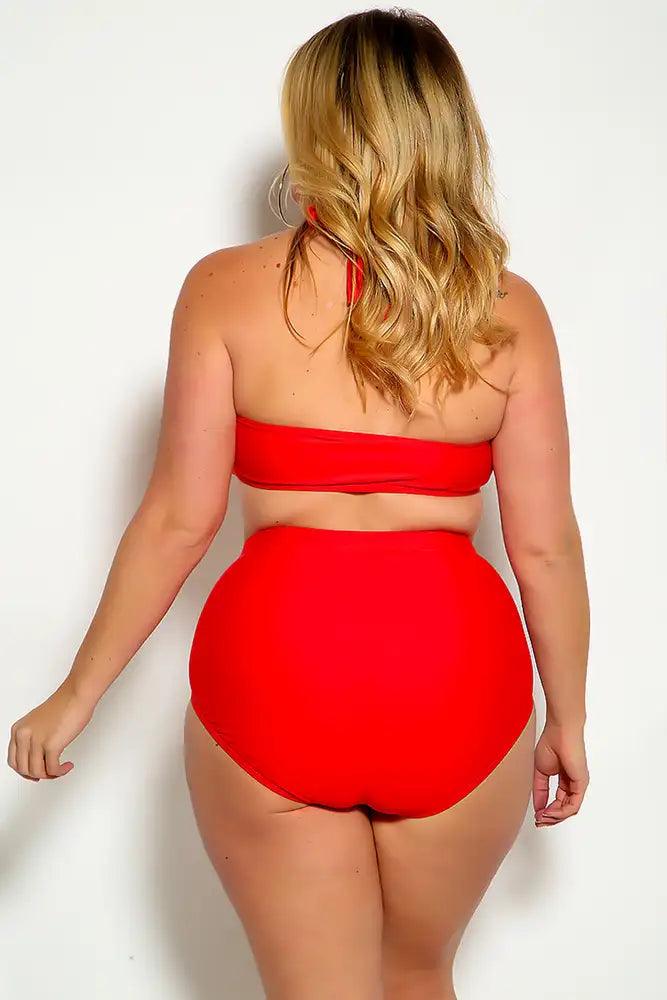 Red Bold Halter Top Ruched High Waist Two Piece Swimsuit Plus Areous