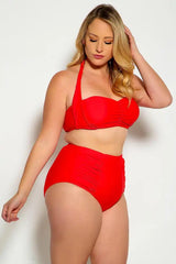 Red Bold Halter Top Ruched High Waist Two Piece Swimsuit Plus Areous