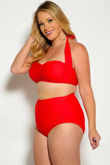 Red Bold Halter Top Ruched High Waist Two Piece Swimsuit Plus Areous