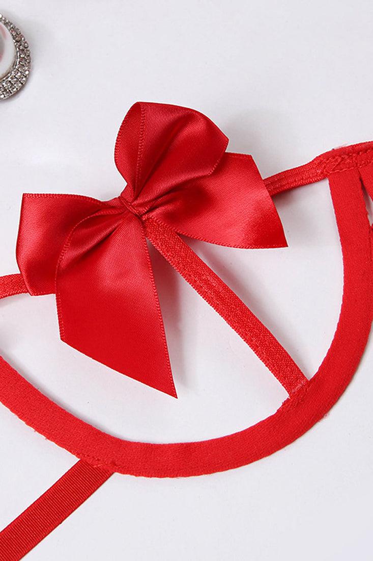 Red Bow Strappy Cut Out 4 Pc Lingerie Set With Choker Areous