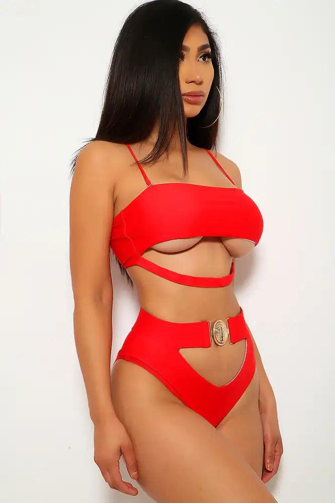 Red Cut Out Padded Two Piece Swimsuit Areous