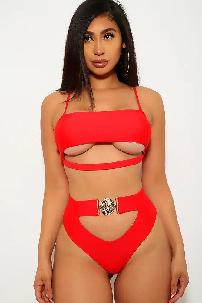 Red Cut Out Padded Two Piece Swimsuit Areous