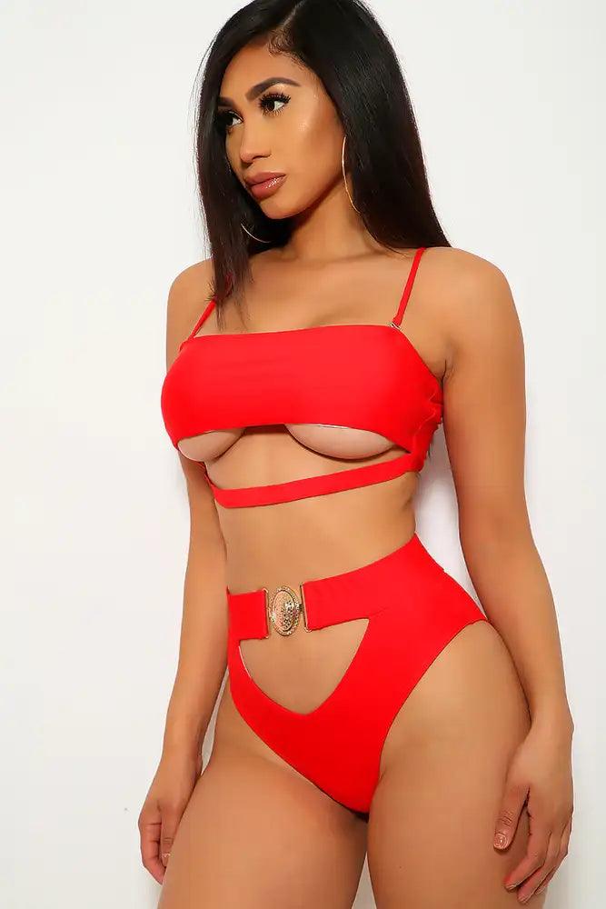 Red Cut Out Padded Two Piece Swimsuit Areous