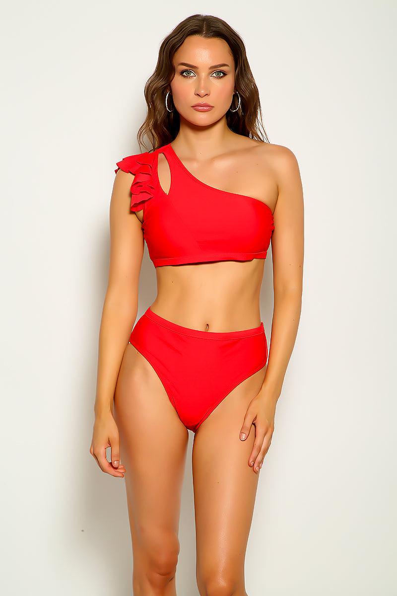 Red Cut Out Ruffled One Shoulder Two Piece Swimsuit Areous