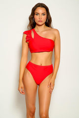 Red Cut Out Ruffled One Shoulder Two Piece Swimsuit Areous