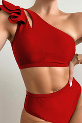 Red Cut Out Ruffled One Shoulder Two Piece Swimsuit Areous