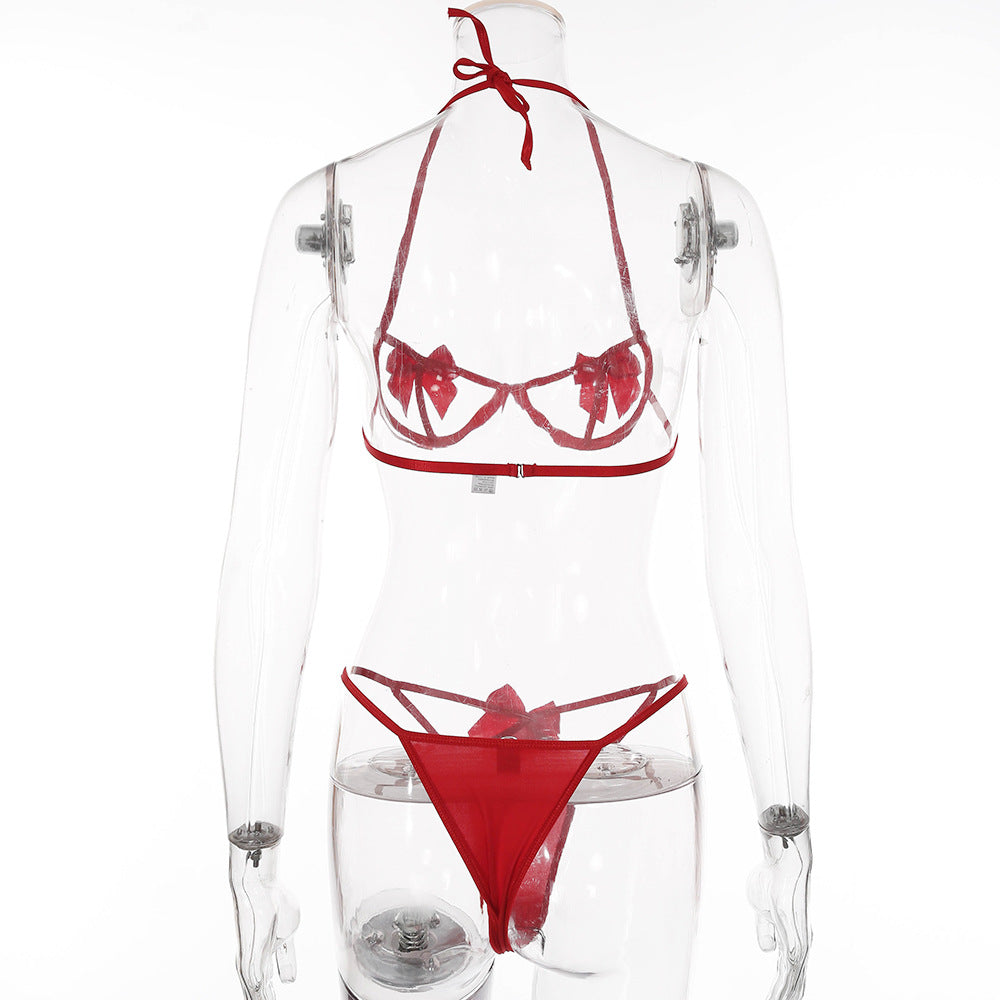Red Cut Out Tied Bra and Panty Lingerie Set Areous