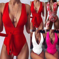 Red Deep-V One Piece Swimwear Areous