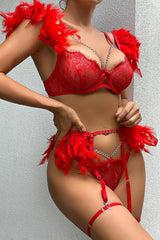 Red Feather Sheer Lace Chain Detail Lingerie 3 Pc Set Areous