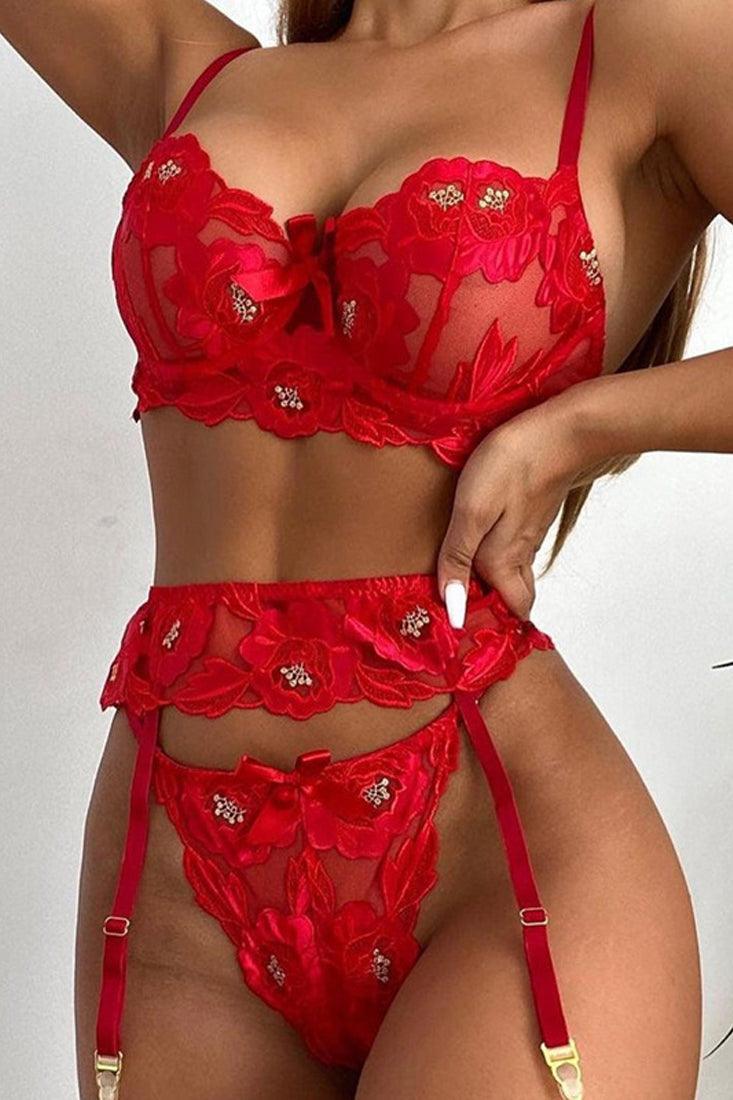 Red Floral Embroidered Mesh 3 Pc Lingerie Set Areous