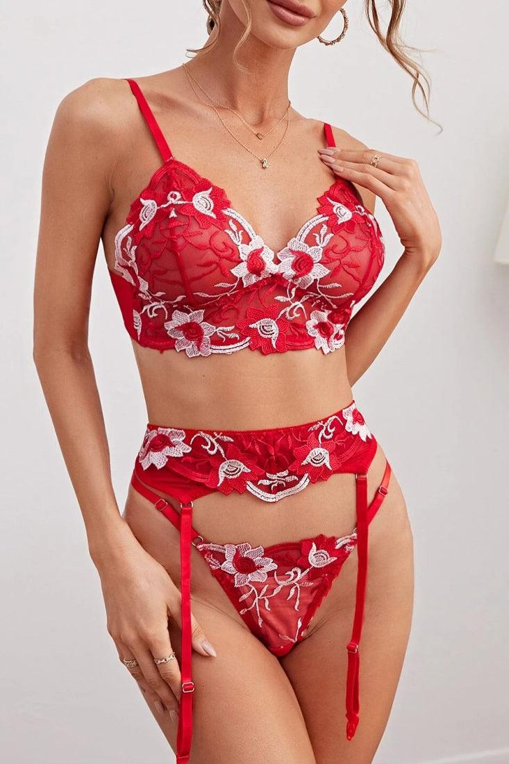 Red Floral Embroidered Mesh 3 Pc Lingerie Set Areous