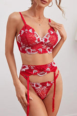 Red Floral Embroidered Mesh 3 Pc Lingerie Set Areous