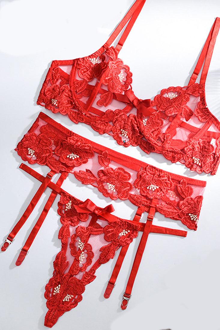 Red Floral Embroidered Mesh 3 Pc Lingerie Set Areous