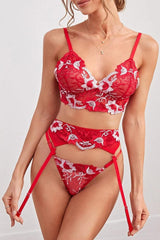 Red Floral Embroidered Mesh 3 Pc Lingerie Set Areous