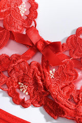 Red Floral Embroidered Mesh 3 Pc Lingerie Set Areous