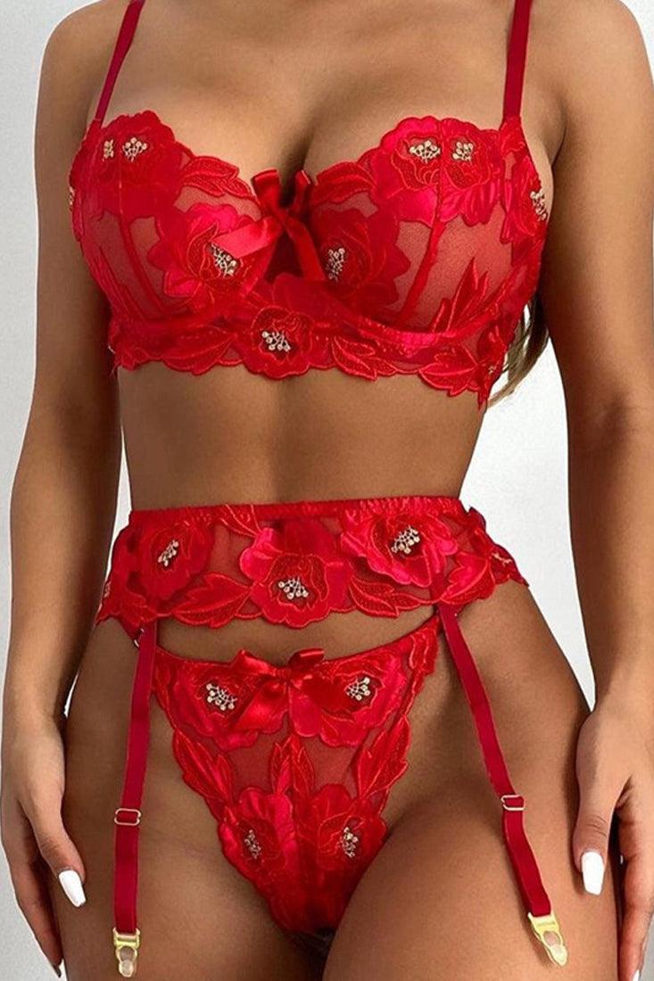Red Floral Embroidered Mesh 3 Pc Lingerie Set Areous