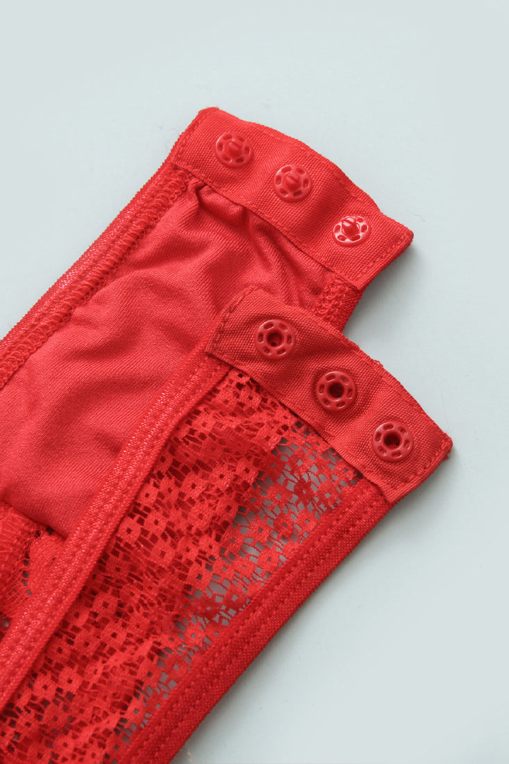 Red Floral Lace Chain Linked Teddy With Garter Straps Areous