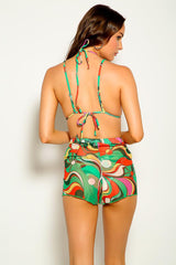 Red Green Printed Halter Three Piece Swimsuit Areous