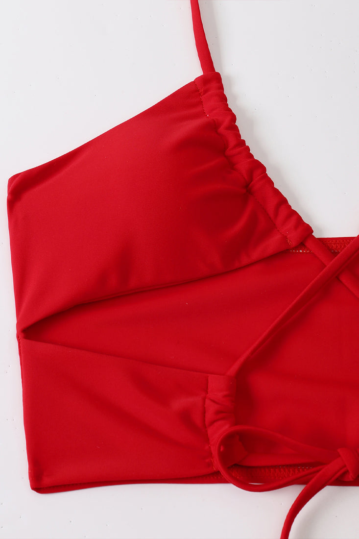 Red Halter Criss-Cross Strappy 3 Pc Swimsuit With Skirt Cover Up Areous