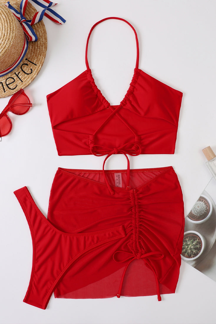 Red Halter Criss-Cross Strappy 3 Pc Swimsuit With Skirt Cover Up Areous