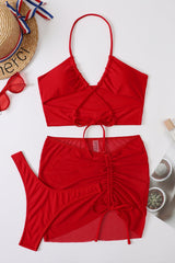 Red Halter Criss-Cross Strappy 3 Pc Swimsuit With Skirt Cover Up Areous